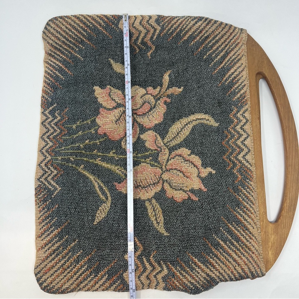 Vintage Floral Tapestry Handbag with Wooden Handles Mid Century Needlepoint - Picture 13 of 13